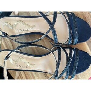 Nina Women's Wedge Sandals Navy Blue Glitter Strappy Ankle Strap 7.5M